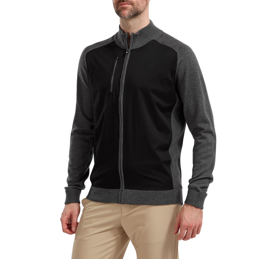 Footjoy Black-Charcoal Wool Blend Tech Full-Zip Sweater