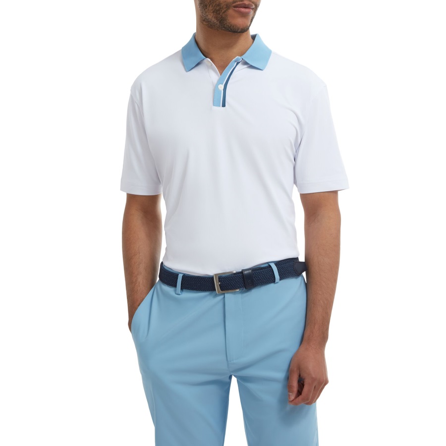 White-Blue Footjoy Solid with Stripe Placket Pique