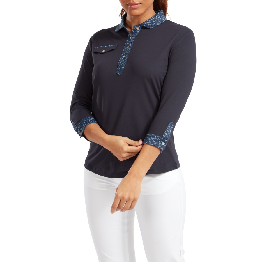 Navy Footjoy Women's 3-4 Sleeve Pique with Printed Trim