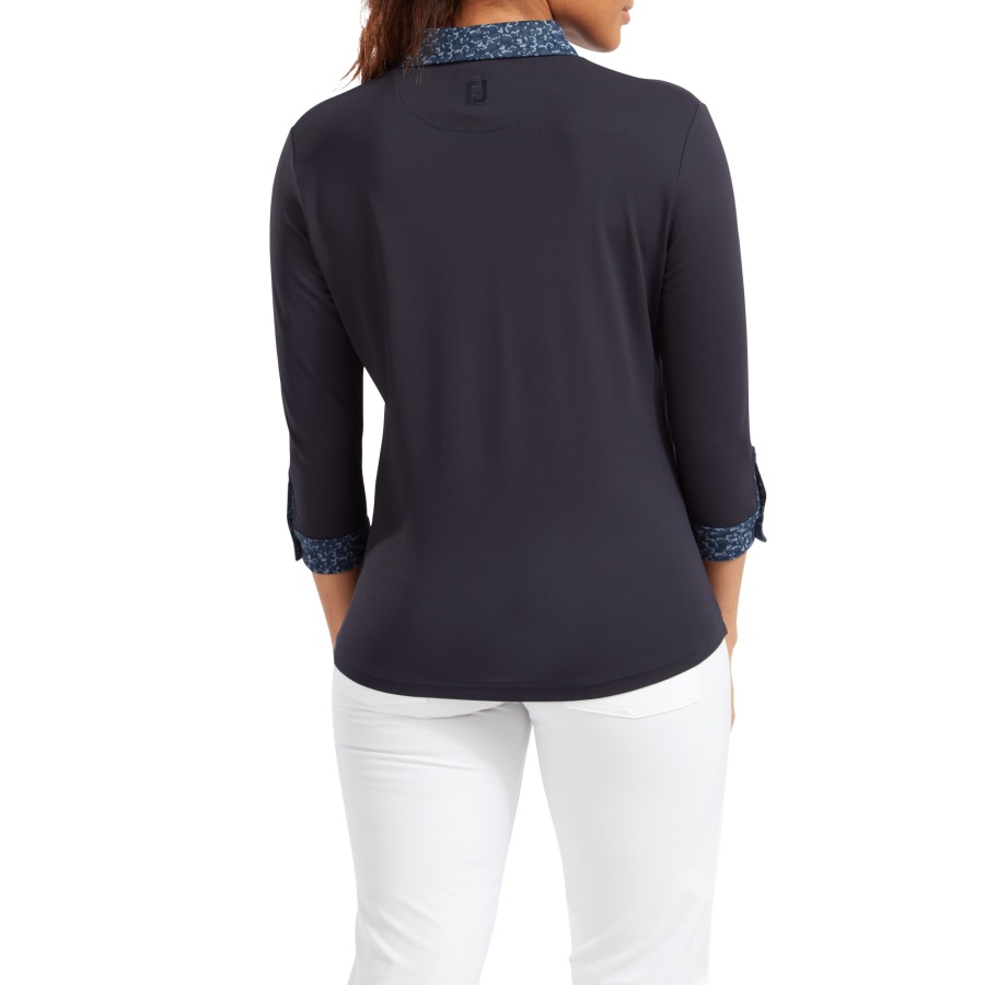 Navy Footjoy Women's 3-4 Sleeve Pique with Printed Trim