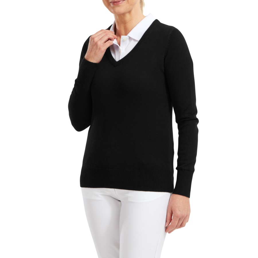 Black Wool Blend V-Neck Pullover Women Footjoy
