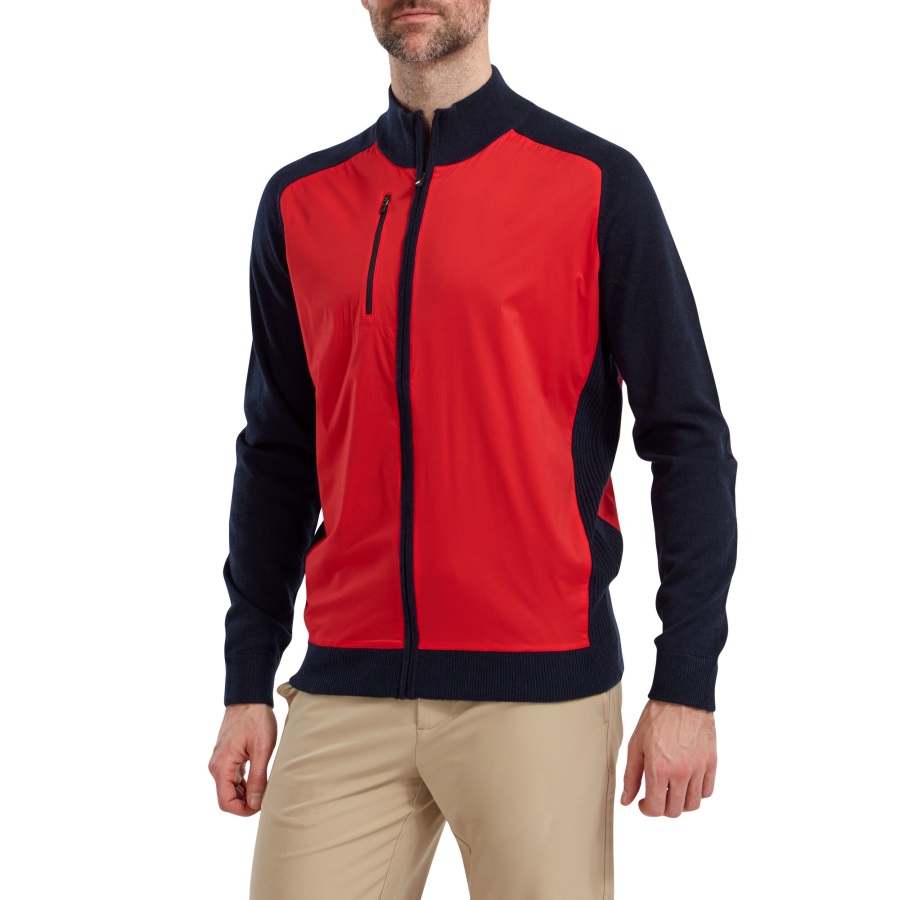 Footjoy Red-Navy Wool Blend Tech Full-Zip Sweater
