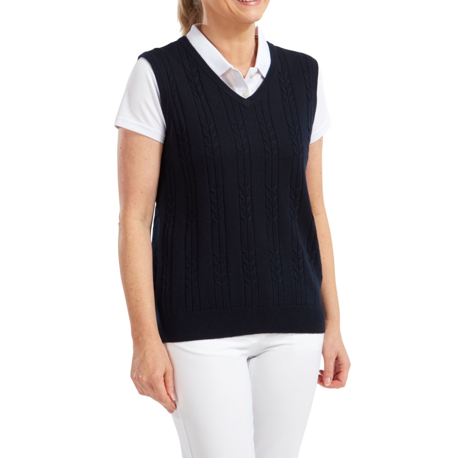 Navy Women's Wool Blend Cable Knit V-Neck Vest Footjoy