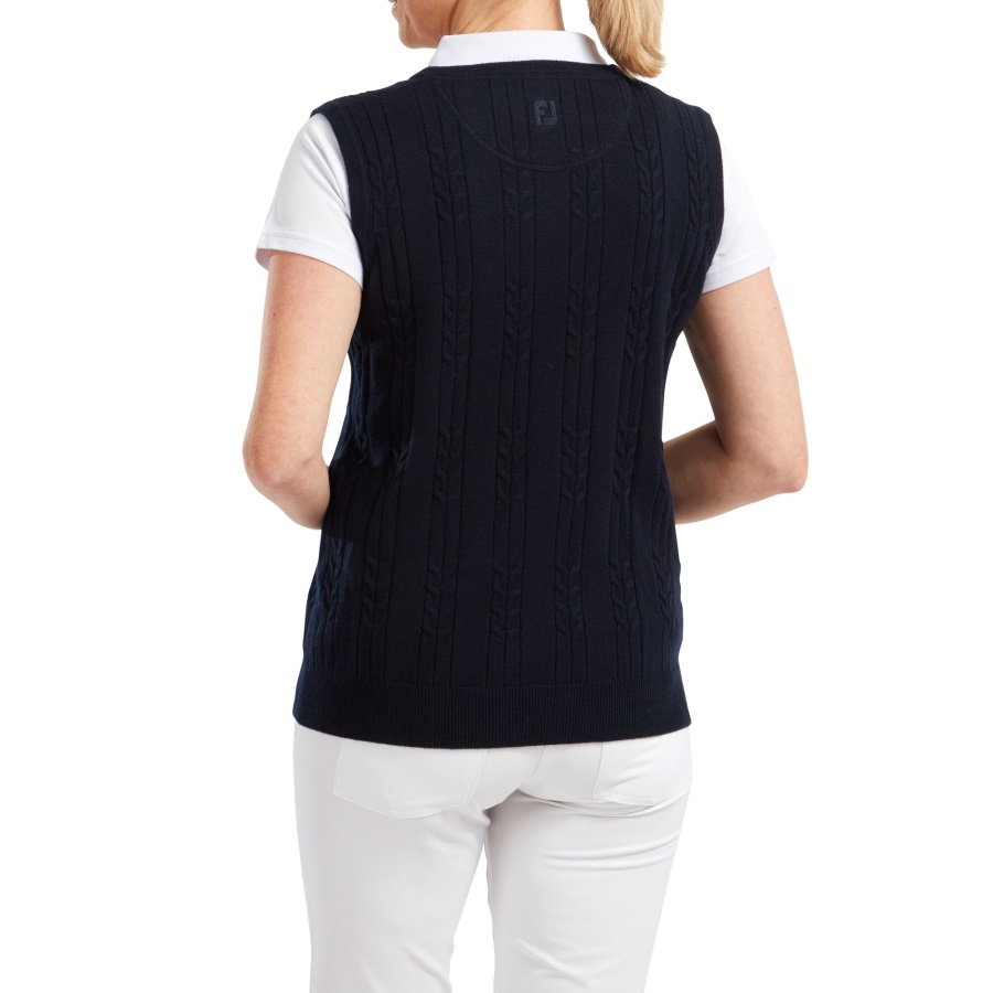 Navy Women's Wool Blend Cable Knit V-Neck Vest Footjoy