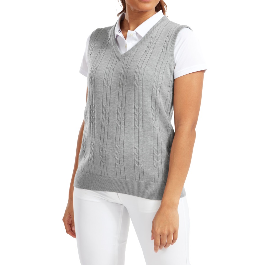 Women's Wool Blend Cable Knit V-Neck Vest Grey Footjoy